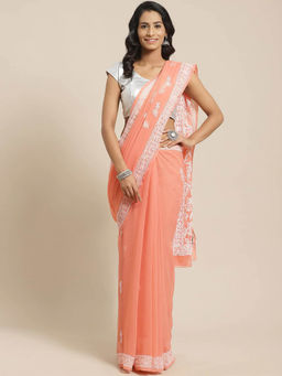 ADA - Peach Georgette Lucknow Embroidered Chikan Saree With Unstitched Blouse (A311136)