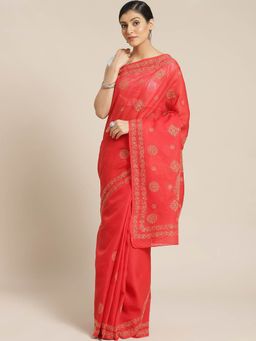 ADA - Red Embroidered Saree With Unstitched Blouse (A311139)