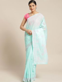 ADA - Hand Embroidered Sea Green Lucknow Chikankari Embroidered Saree With Unstitched Blouse (A311141)
