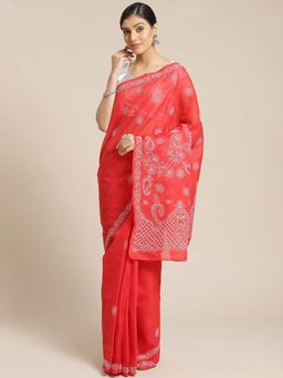 ADA - Red Embroidered Saree With Unstitched Blouse (A311154)