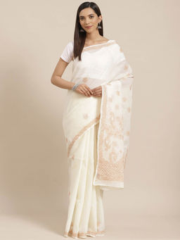 ADA - Embroidered Cream Cotton Lucknow Chikan Saree- A311156 (A311156)