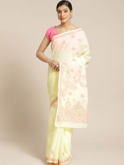 ADA - Embroidered Lemon Cotton Lucknow Chikan Saree- A311157 (A311157)