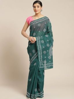 ADA - Embroidered Dark Green Cotton Lucknow Chikan Saree- A311182 (A311182)