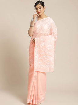 ADA - Embroidered Peach Cotton Lucknow Chikan Saree- A311185 (A311185)