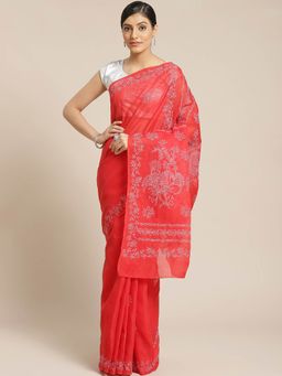 ADA - Embroidered Red Cotton Lucknow Chikan Saree- A311186 (A311186)