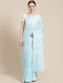 ADA - Embroidered Blue Cotton Lucknow Chikan Saree- A311202 (A311202)