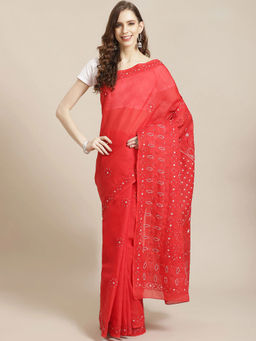 ADA - Red Embroidered Saree with Unstitched Blouse (A311214)