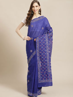 ADA - Blue Embroidered Saree with Unstitched Blouse (A311215)