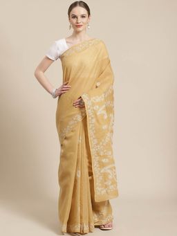 ADA - Embroidered Fawn Cotton Lucknow Chikan Saree- A311224 (A311224)