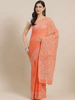 ADA - Hand Embroidered Rust Kota Lucknow Chikan Saree with Unstitched Blouse (A311225)