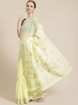 ADA - Embroidered Lemon Cotton Lucknow Chikan Saree- A311233 (A311233)