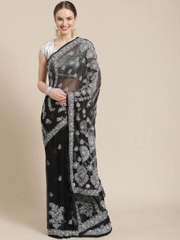 ADA - Hand Embroidered Black Georgette Lucknow Chikan Saree- A311235 (A311235)