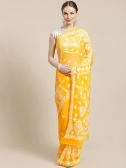 ADA - Hand Embroidered Yellow Georgette Lucknow Chikan Saree- A311236 (A311236)