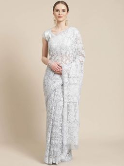 ADA - Hand Embroidered Grey Georgette Lucknow Chikan Saree- A311238 (A311238)