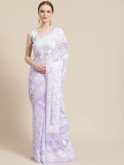 ADA - Hand Embroidered Mauve Georgette Lucknow Chikan Saree- A311239 (A311239)