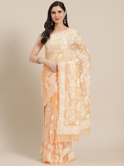 ADA - Hand Embroidered Peach Georgette Lucknow Chikan Saree with Unstitched Blouse (A311240)