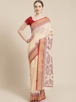 ADA - Hand Embroidered Fawn Kota Lucknow Chikan Saree- A311241 (A311241)