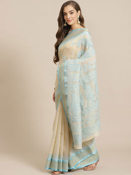 ADA - Hand Embroidered Beige Kota Lucknow Chikan Saree With Unstitched Blouse (A311242)