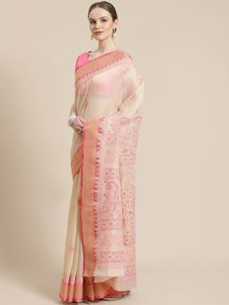 ADA - Hand Embroidered Fawn Kota Lucknow Chikan Saree- A311244 (A311244)