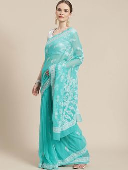 ADA - Hand Embroidered Sea Green Georgette Lucknow Chikan Saree- A311245 (A311245)