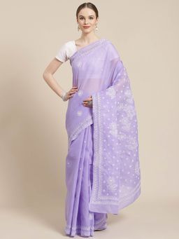 ADA - Hand Embroidered Lavender Cotton Lucknow Chikan Saree- A311249 (A311249)