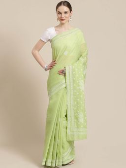 ADA - Hand Embroidered Green Cotton Lucknow Chikan Saree- A311250 (A311250)