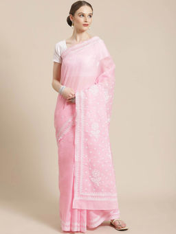 ADA - Hand Embroidered Pink Cotton Lucknow Chikan Saree- A311252 (A311252)