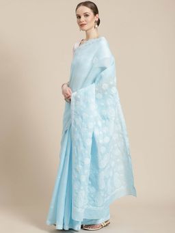 ADA - Hand Embroidered Blue Cotton Lucknow Chikan Saree- A311253 (A311253)