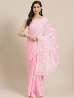 ADA - Hand Embroidered Pink Cotton Lucknow Chikan Saree with Unstitched Blouse (A311254)