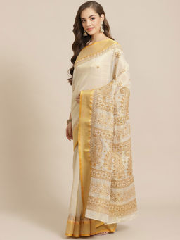 ADA - Hand Embroidered Beige Kota Lucknow Chikan Saree With Unstitched Blouse (A311257)