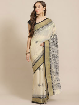 ADA - Hand Embroidered Beige Kota Lucknow Chikan Saree With Unstitched Blouse (A311258)