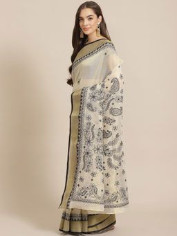 ADA - Hand Embroidered Beige Kota Lucknow Chikan Saree With Unstitched Blouse (A311259)