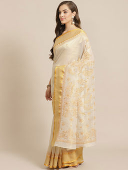 ADA - Hand Embroidered Beige Kota Lucknow Chikan Saree With Unstitched Blouse (A311260)