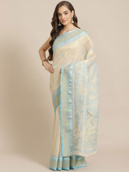 ADA - Hand Embroidered Beige Kota Lucknow Chikan Saree With Unstitched Blouse (A311262)