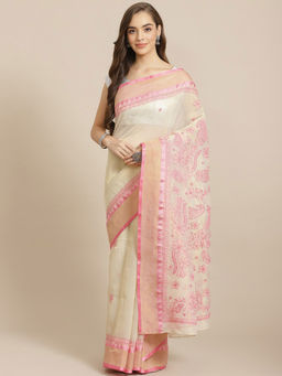 ADA - Hand Embroidered Beige Kota Lucknow Chikan Saree With Unstitched Blouse (A311263)