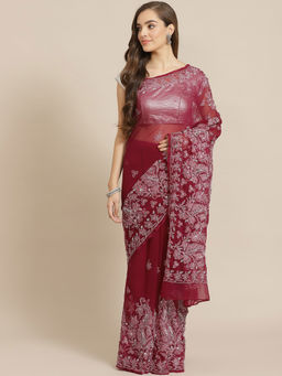 ADA - Hand Embroidered Wine Georgette Lucknow Chikan Saree With Unstitched Blouse (A311267)