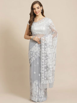 ADA - Hand Embroidered Grey Georgette Lucknow Chikan Saree With Unstitched Blouse (A311268)