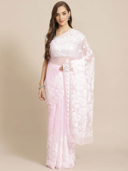 ADA - Hand Embroidered Pink Georgette Lucknow Chikan Saree With Unstitched Blouse (A311269)