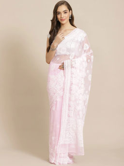 ADA - Hand Embroidered Baby Pink Georgette Lucknow Chikan Saree With Unstitched Blouse (A311272)