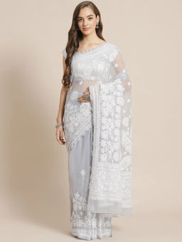 ADA - Hand Embroidered Grey Georgette Lucknow Chikan Saree With Unstitched Blouse (A311274)