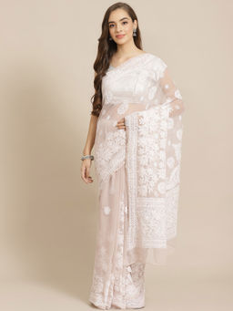 ADA - Hand Embroidered Beige Georgette Lucknow Chikan Saree With Unstitched Blouse (A311277)