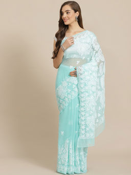 ADA - Hand Embroidered Sea Green Georgette Lucknow Chikan Saree With Unstitched Blouse (A311279)