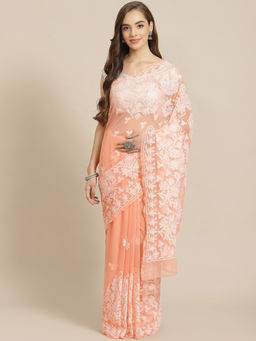 ADA - Hand Embroidered Peach Georgette Lucknow Chikan Saree With Unstitched Blouse (A311280)
