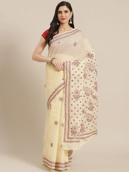 ADA - Hand Embroidered Beige Cotton Lucknow Chikan Saree with Unstitched Blouse (A311285)
