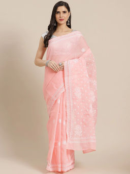ADA - Hand Embroidered Peach Cotton Lucknow Chikan Saree with Unstitched Blouse (A311286)