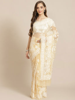 ADA - Hand Embroidered Beige Georgette Lucknow Chikan Saree With Unstitched Blouse (A311291)