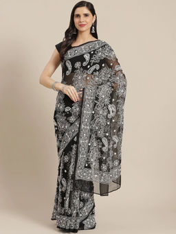 ADA - Hand Embroidered Black Georgette Lucknowi Chikankari Saree with Unstitched Blouse (A311293)