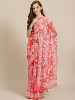 ADA - Hand Embroidered Red Georgette Lucknow Chikan Saree With Unstitched Blouse (A311294)