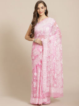ADA - Hand Embroidered Pink Georgette Lucknow Chikan Saree With Unstitched Blouse (A311295)