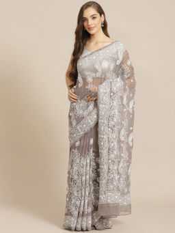 ADA - Hand Embroidered Grey Georgette Lucknow Chikan Saree With Unstitched Blouse (A311296)